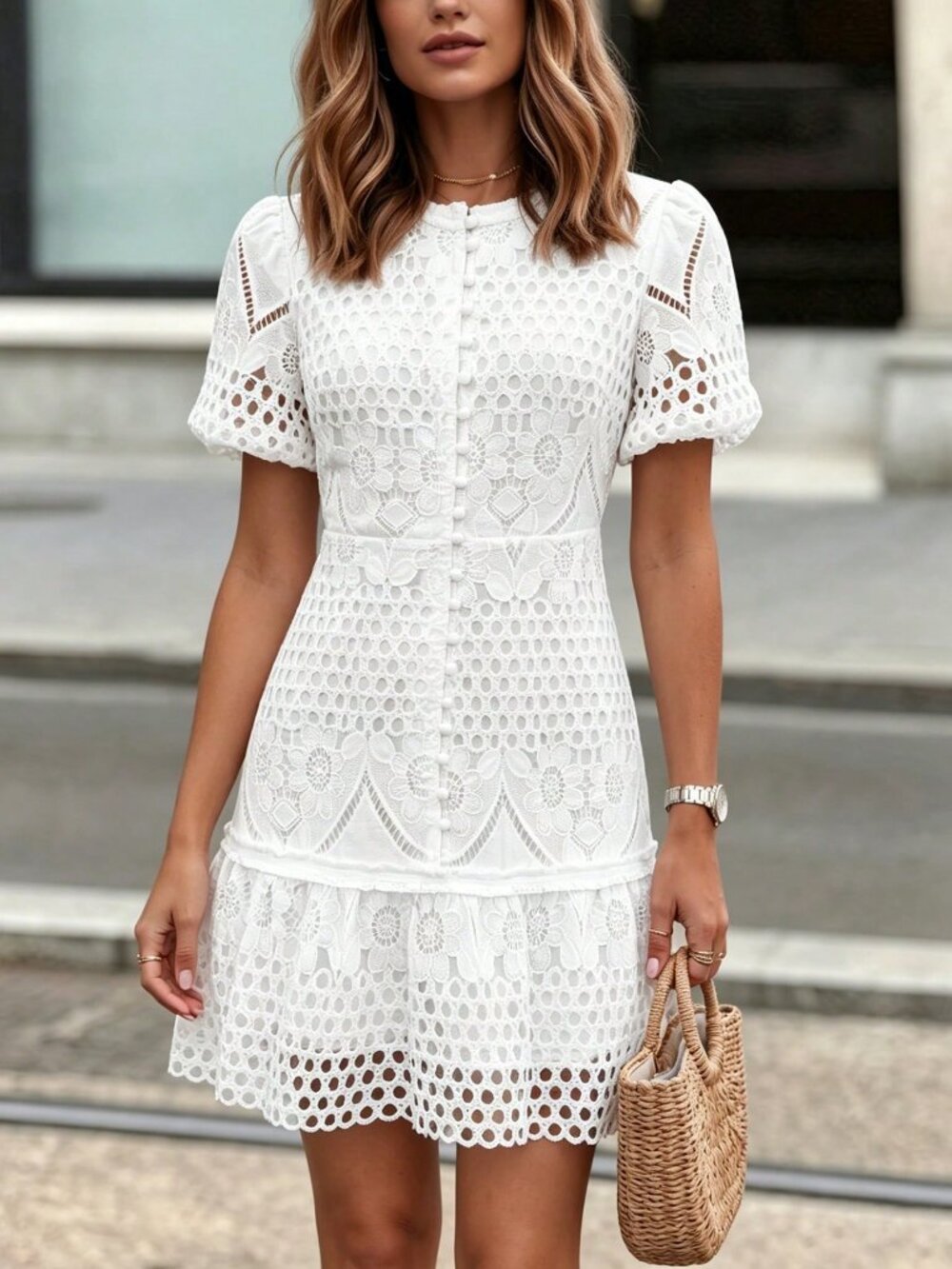 White Elegant Women's Embroidered Lace Puff Sleeve mini Dress - Picture 8 of 8